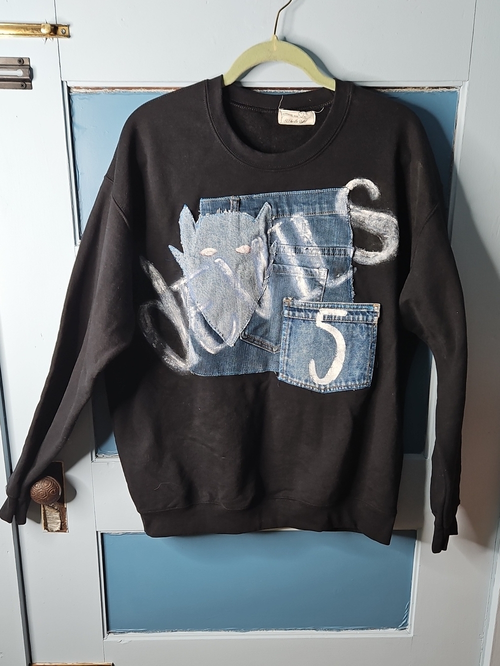 Upcycled Black Graphic Denim-Patch Crewneck Sweatshirt Med To Large